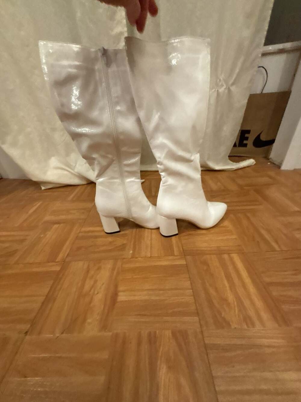Gogo Style White Patent Knee High Block Heel Boots